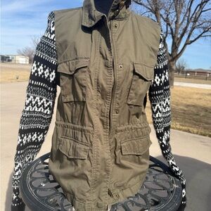 Love Tree Khaki Utility Jacket with Black and White Sleeves